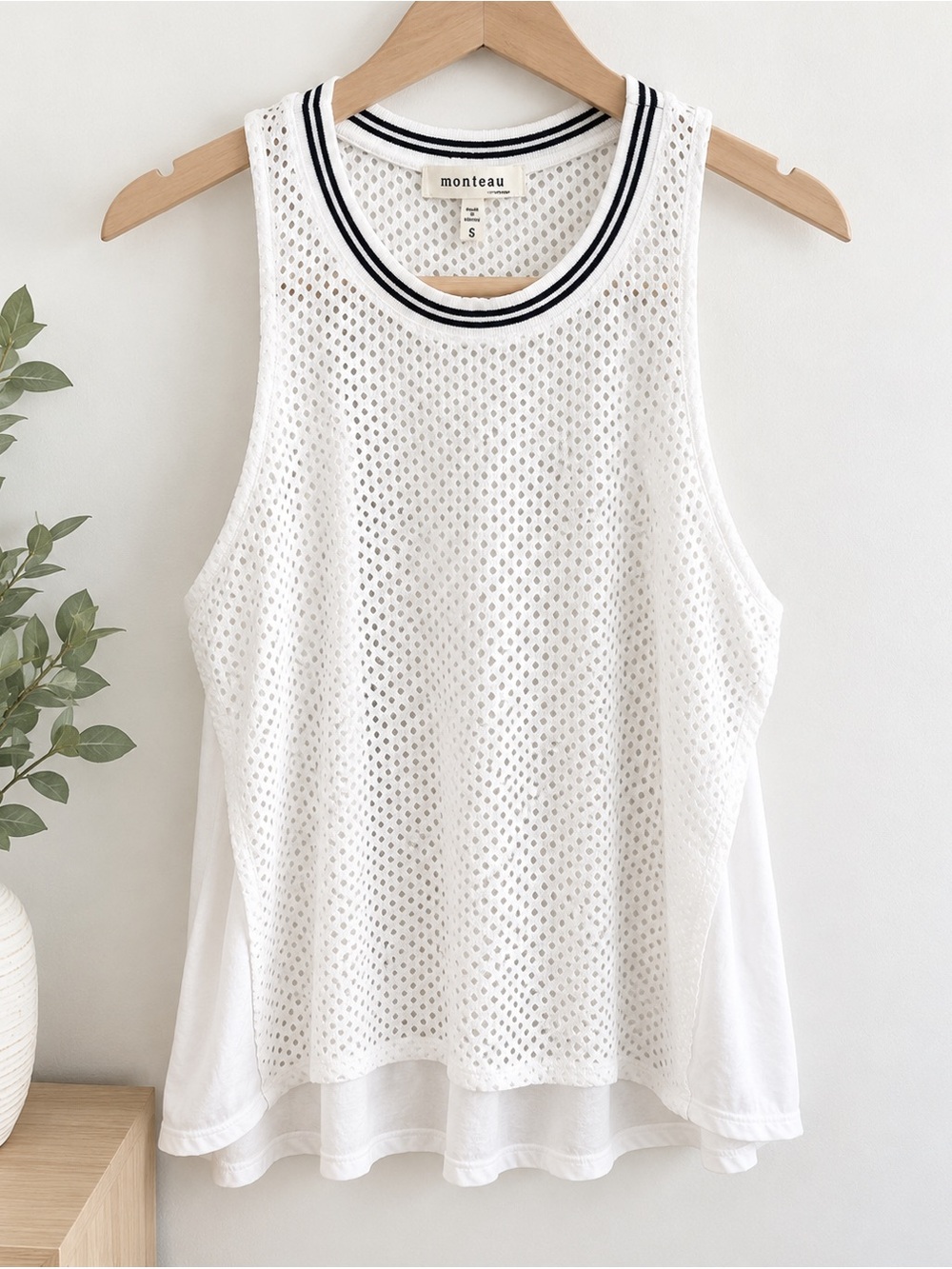 Monteau White Mesh Tank with black Stripe Trim a